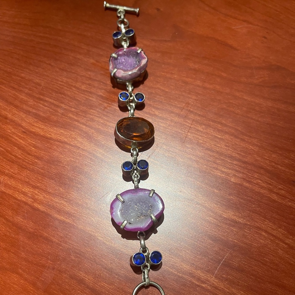 Silver plated bracelet with druzy and citrine 7-8”